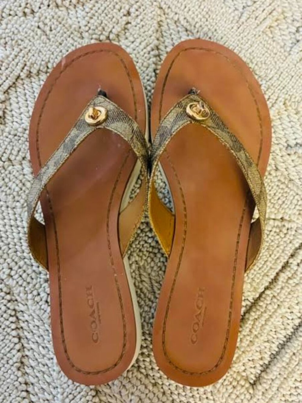 Coach Brown Leather and Tan Signature Monogram Flip Flop Sandals